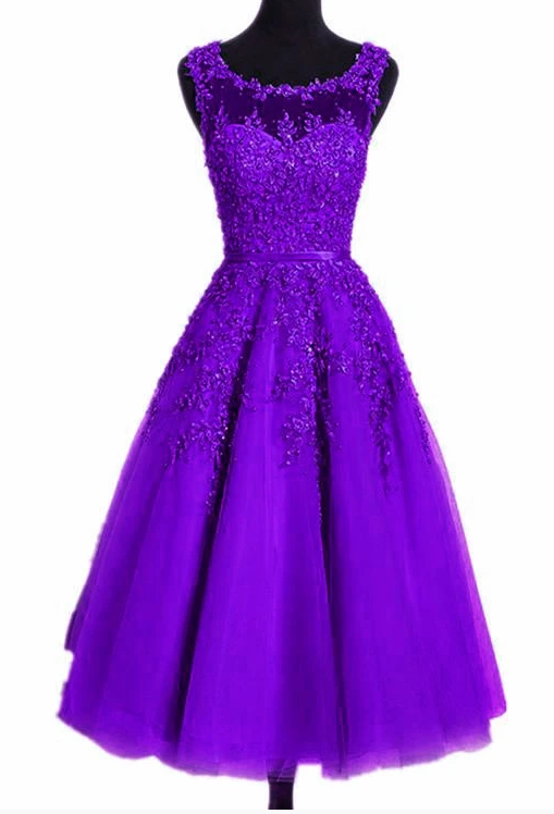 Beautiful Tea Length Purple Round Neckline Bridesmaid Dress, Lace Appplique Party Dress Homecoming dress  cg10884