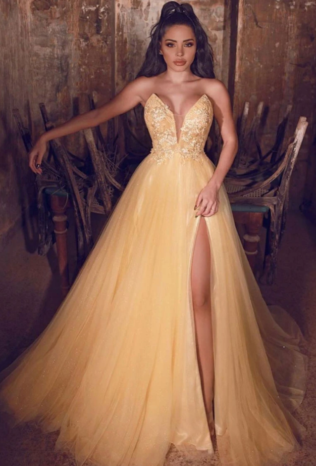 Yellow sweetheart tulle lace long prom dress, lace formal dress   cg10886