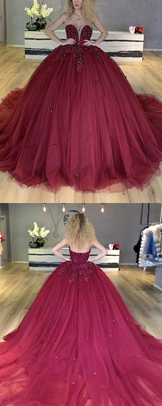 Burgundy tulle ball gown quinceanera prom dress with lace flowers   cg10893
