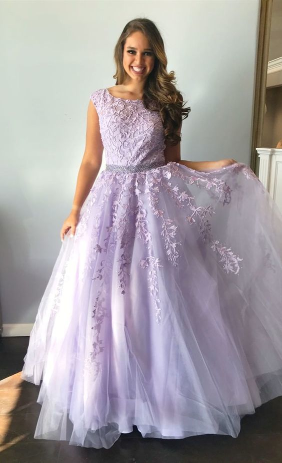 Formal Long Prom Dresses, ball gown graduation party dresses, lilac lace prom dresses for teens   cg10901