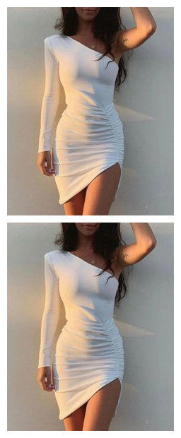 One Shoulder White Long Sleeve Homecoming Dress   cg10904