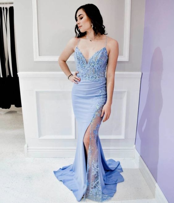 Sexy V-neck Spaghetti Straps Mermaid Prom Dress, Lace Slit Evening Gown    cg10909