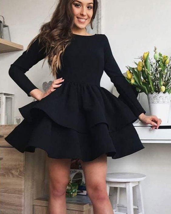 simple black satin layered homecoming dress with long sleeves cg1091