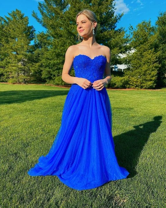 Royal Blue Appliques Long Prom Dress, Sleeveless Evening Dress   cg10910