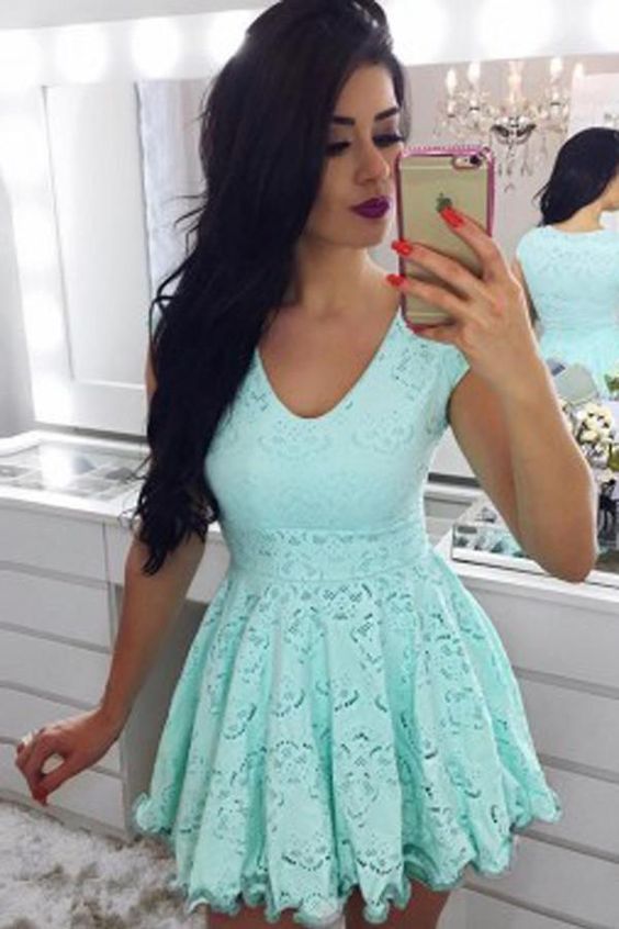 Popular Short Mint Green Capped Sleeve Short homecoming Dress,Hollow Lace Homecoming Dress,Party Dress cg1092