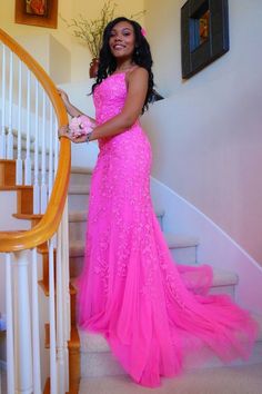 black girls hot pink mermaid lace appliques long prom dress formal dress   cg10927