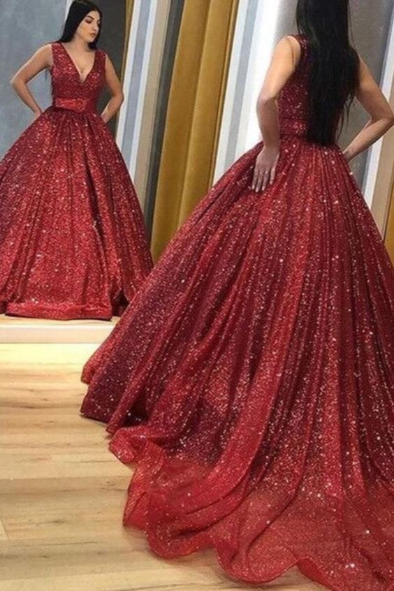 glitter red long formal dress with v neckline prom gown   cg10932