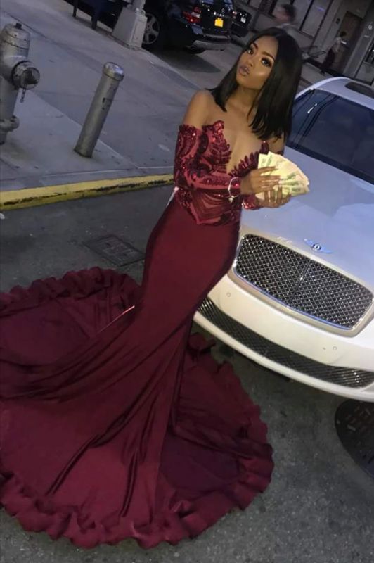 Sexy Burgundy Sequins Mermaid Prom Dresses | Cheap Long Sleeves Evening Dresses    cg10947