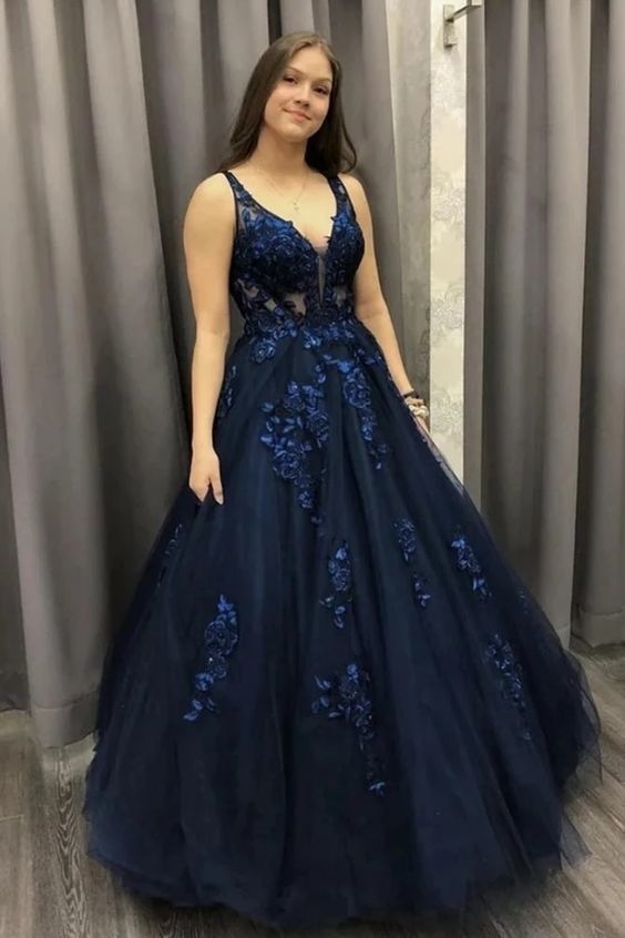 V Neck Dark Blue Long Prom Dress, Lace Applique Tulle Formal Dress    cg11012
