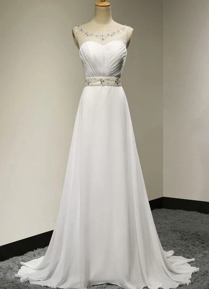White Chiffon Simple Beaded Round Neckline Long Prom Dress, White Formal Dress   cg11045