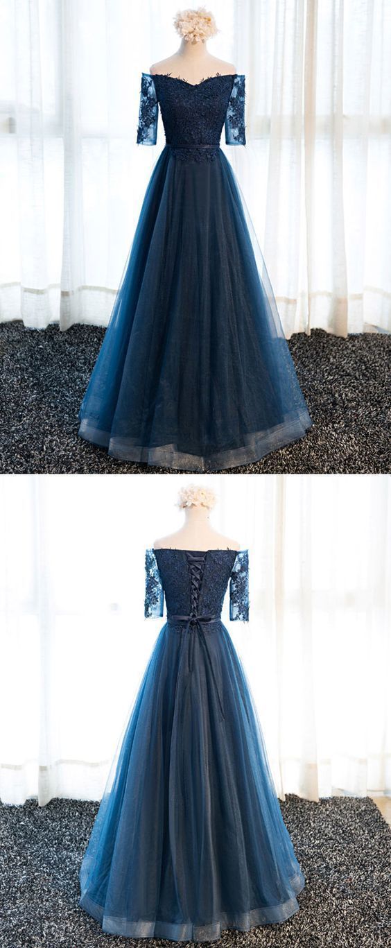 Navy blue lace long prom dress, lace evening dress   cg11088