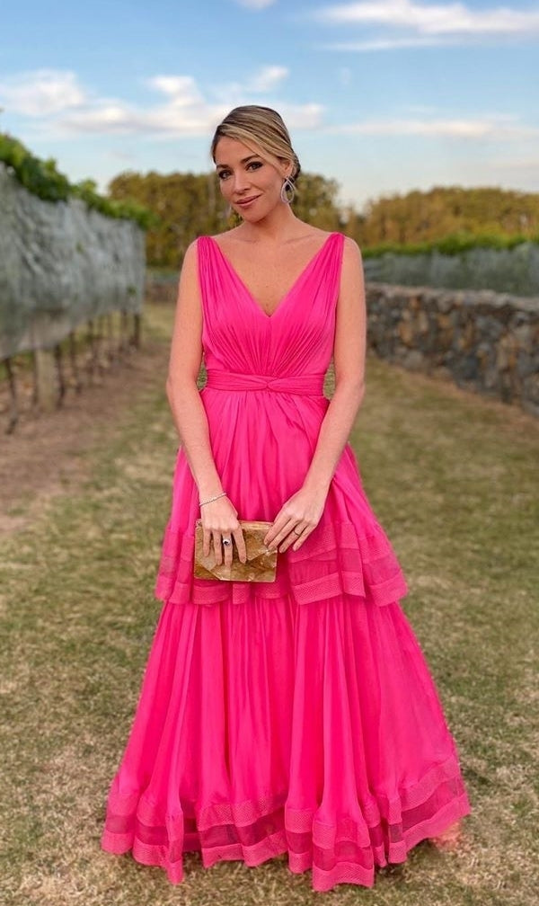 Pink Prom Dress,A-Line Prom Gown,Chiffon Evening Dress,V-Neck Prom Gown   cg11119