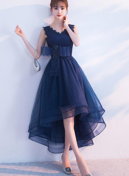 Navy Blue V-Neckline High Low Tulle Party Dress, Blue Homecoming Dress   cg11147