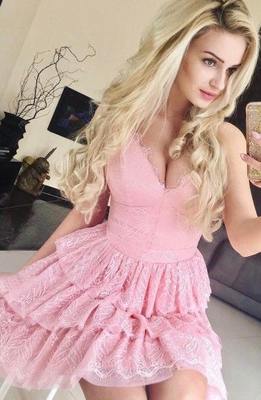 Sexy A-line Spaghetti Straps Pink Short Dress with Lace,Simple Homecoming Dresses cg1116