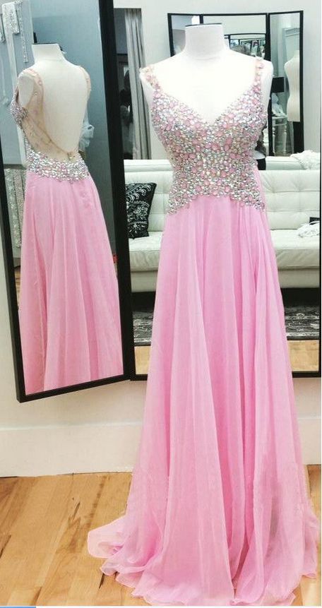Pink Beaded Embellished Plunge V Sleeveless Chiffon Floor Length Prom Dresses   cg11162