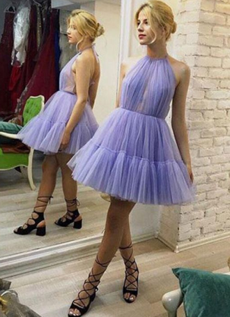 Unique A-Line Halter Backless Pleated Lavender Tulle Homecoming Dress,Formal Homecoming Dress cg1122
