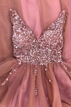 A-line blush pink tulle long formal dress prom dress with sequins v neckline top   cg11295