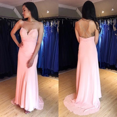 Sweetheart Pink Prom Dress Chiffon Open Back Formal Gown With Spaghetti Straps   cg11352