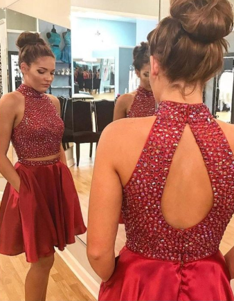 Sexy Two Piece Short Rhinestone Cute Red Homecoming Dresses  cg1139
