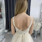 Champagne tulle lace long A line prom dress   cg11431