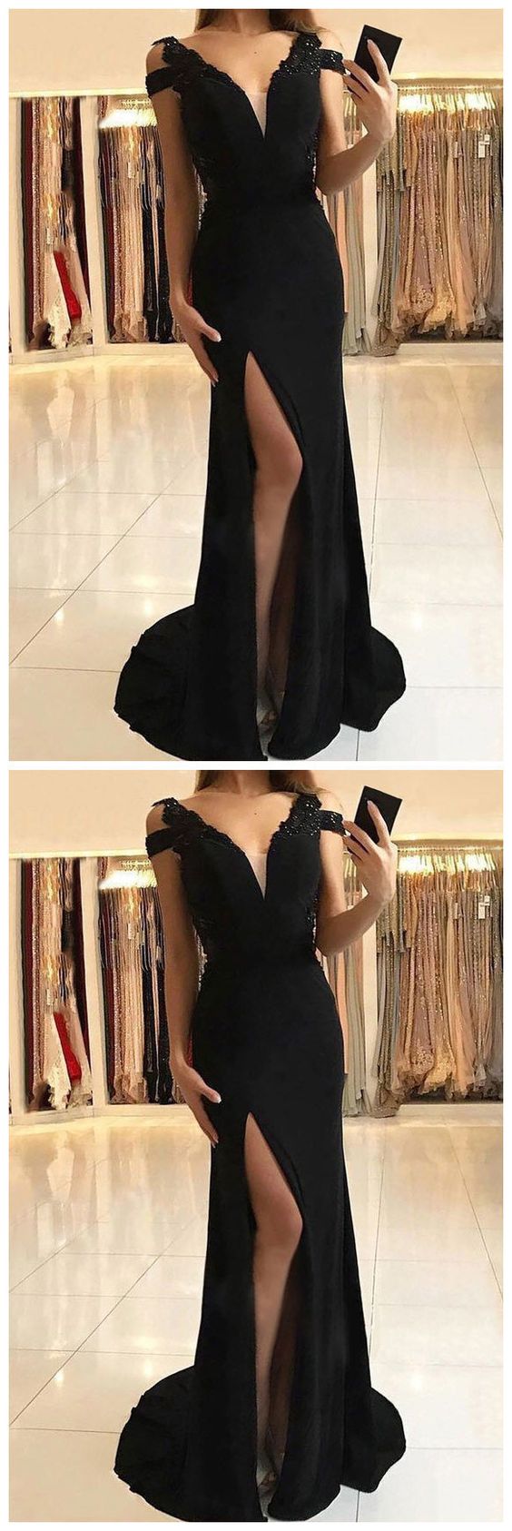 Sexy V neck Black High Slit Mermaid Prom Dress, Black Long Evening Gown   cg11452