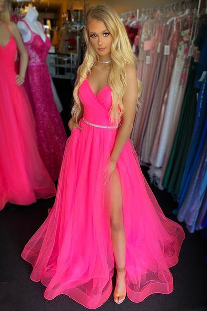A Line V Neck Backless Hot Pink Long Prom Dress with Slit, Backless Hot Pink Formal Dress, Hot Pink Evening Dress  cg11537