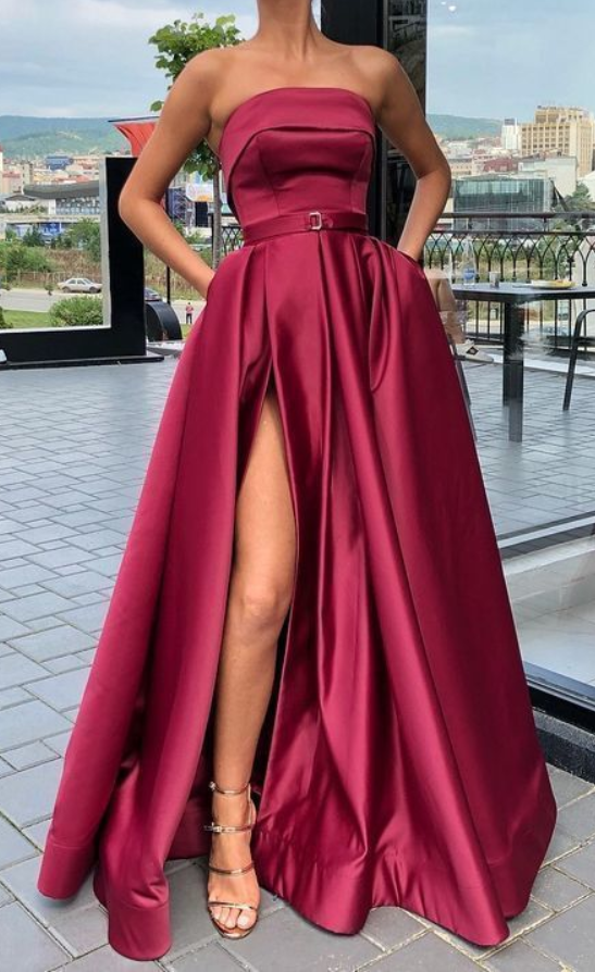 A line strapless burgundy prom dress with side slit cg1161