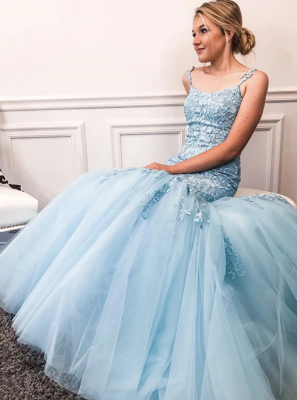 Blue tulle lace long prom dress evening dress   cg11612