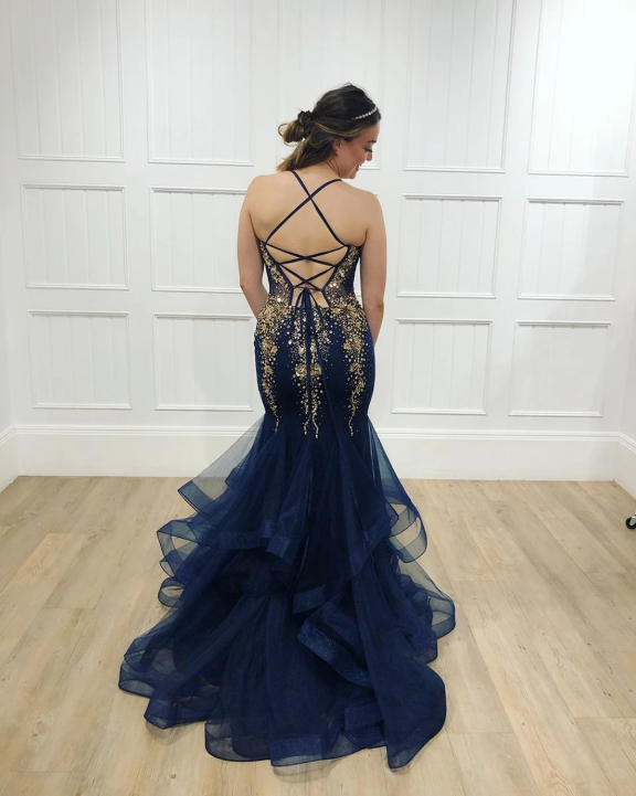 Navy Tulle Gold Beaded Spaghetti Straps Mermaid Prom Dress   cg11636