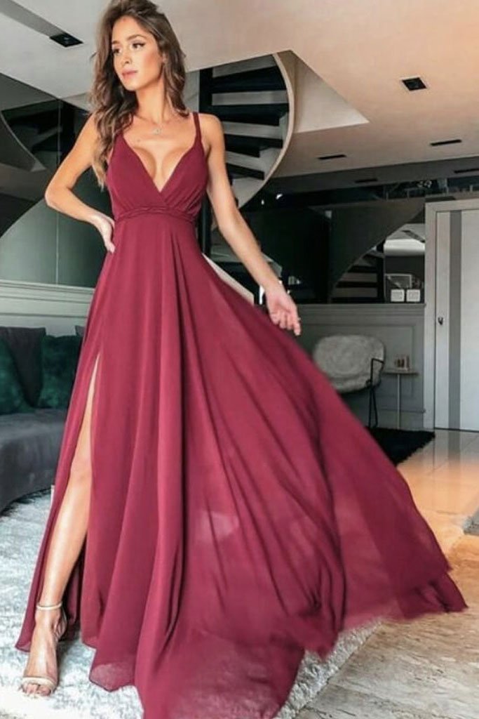 SIMPLE V NECK CHIFFON LONG PROM DRESS CHIFFON BRIDESMAID DRESS   cg11646