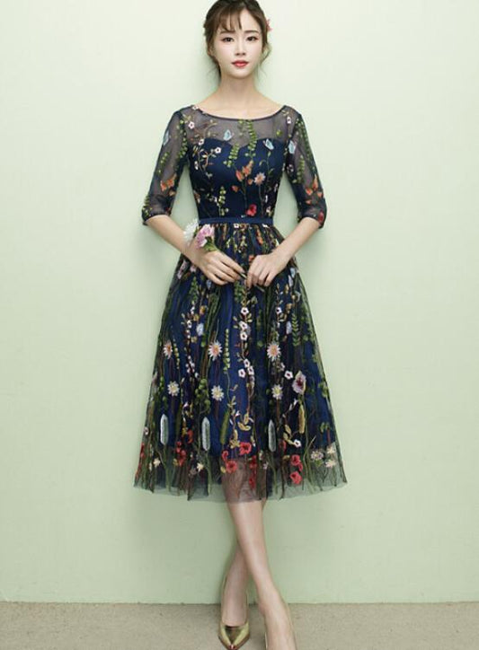 Lovely Navy Blue Lace Floral Knee Length Bridesmaid Dress, Blue Short Party Dress Homecoming Dress   cg11686