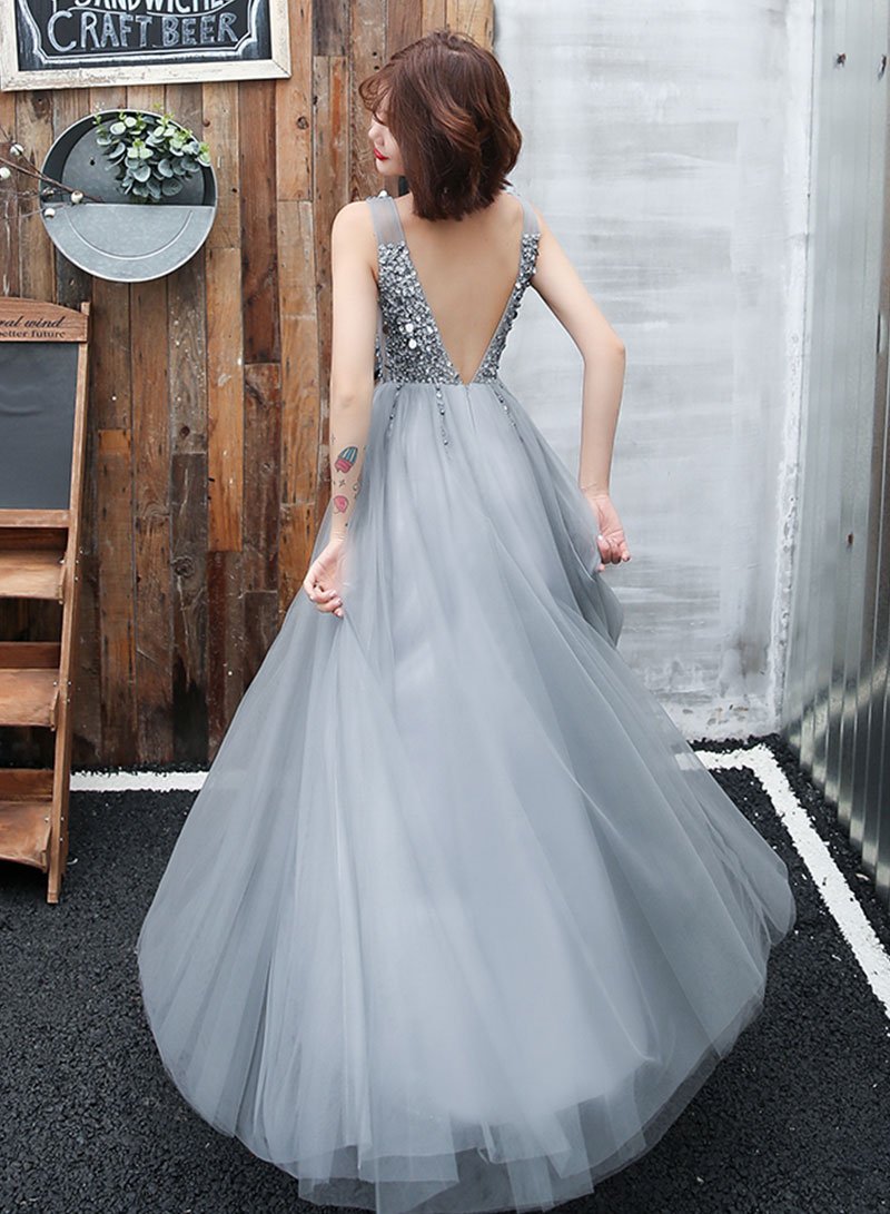 Gray v neck tulle beads prom dress, evening dress cg1177