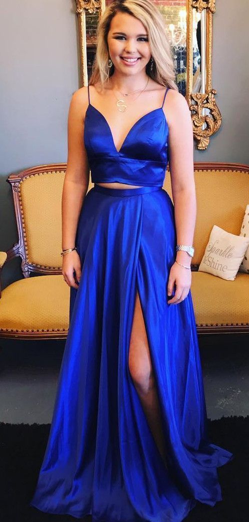 Long Prom Dresses Royal Blue Two Piece Formal Dresses     cg11786