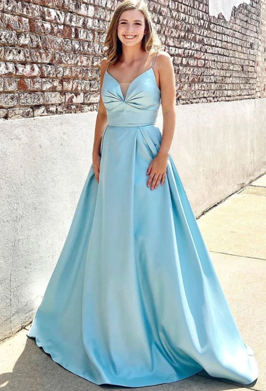 BLUE V NECK SATIN LONG PROM DRESS, BLUE LONG EVENING DRESS   cg11813