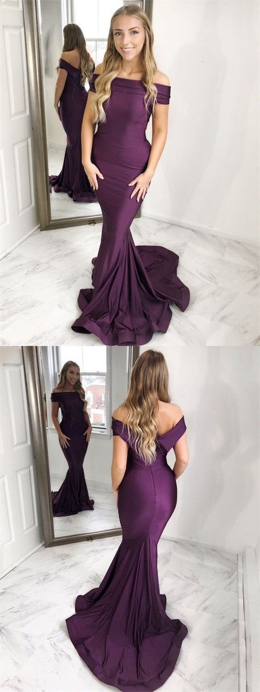 Mermaid Off-the-Shoulder Sweep Train Grape Prom Dress With Ruched   cg11817