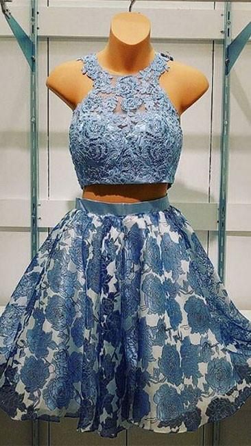 Blue two pieces lace short dress, blue homecoming dress  cg1183