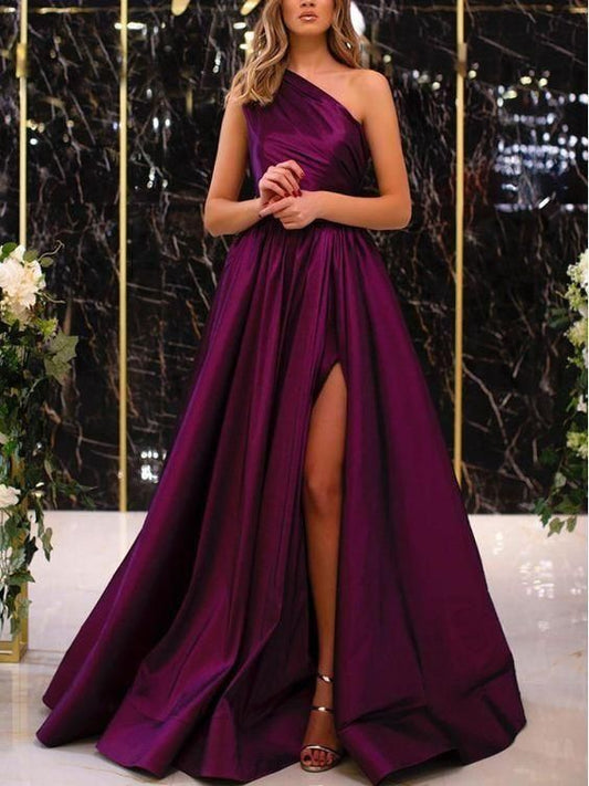 2020 one shoulder pleats side slit a line satin long evening dresses arabic party dresses Prom Dress   cg11839