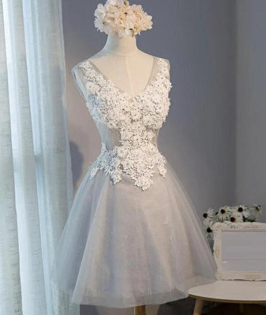 Light Grey Knee Length Tulle And Lace Party Dress, Grey Homecoming Dresses   cg11893