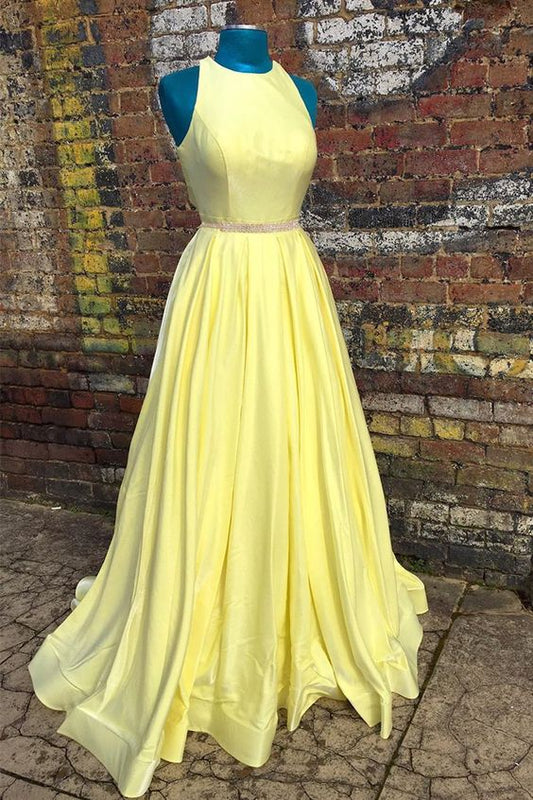 modest satin yellow long prom dress with beaded sash    cg11943