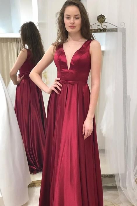 Simple A Line V Neck Burgundy Long Prom Dress   cg11964