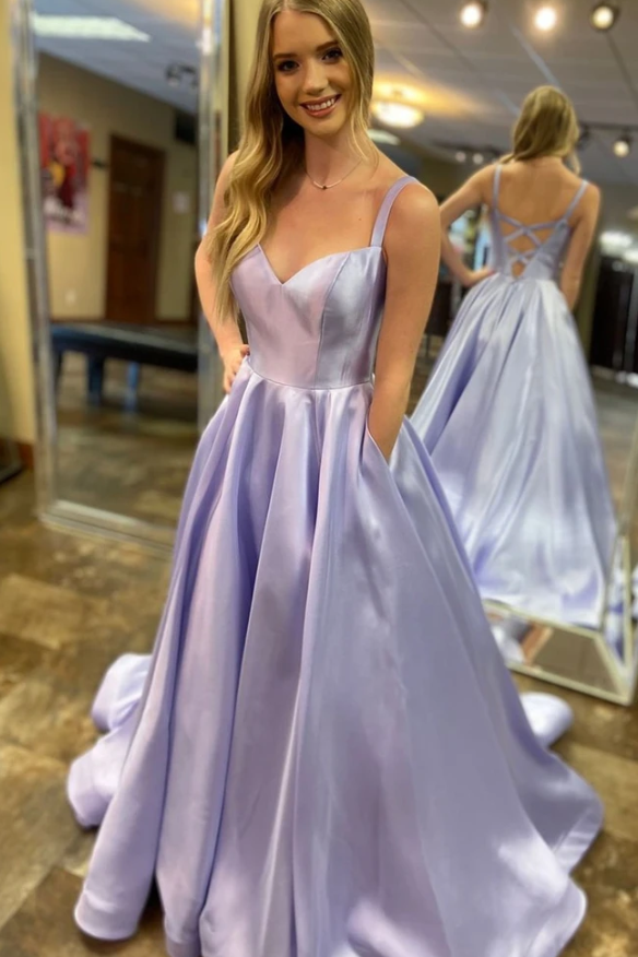 Elegant A-Line Spaghetti Straps Lavender Satin Long Prom Dress with Pockets   cg12010