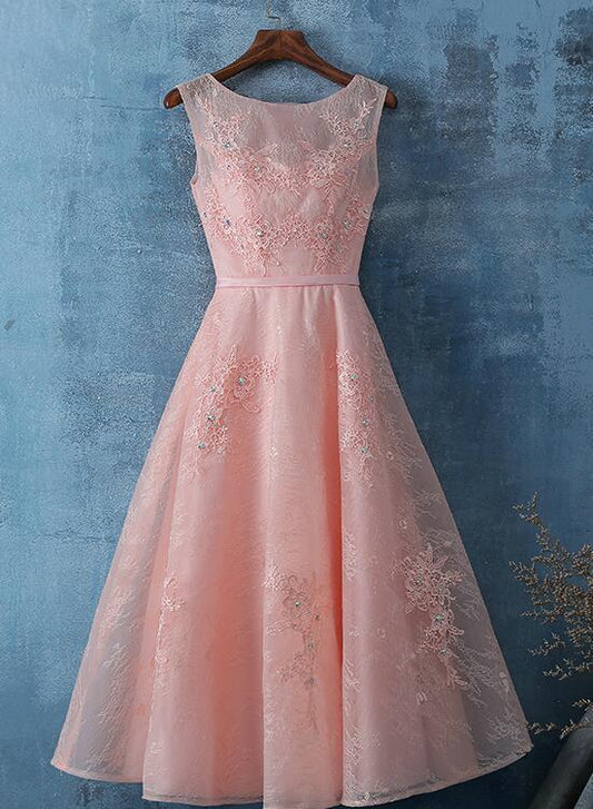Pink Lace Tea Length Simple Bridesmaid Dress Homecoming Dress   cg12023