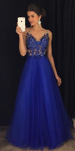 Gorgeous A Line V Neck Open Back Royal Blue Lace Long Prom Dresses with Beading, Elegant Evening Party Dresses cg1205