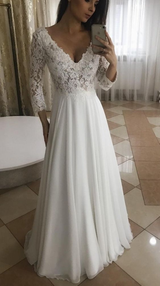 Elegant A Line V Neck Long Sleeves White Lace Long prom Dresses cg1206