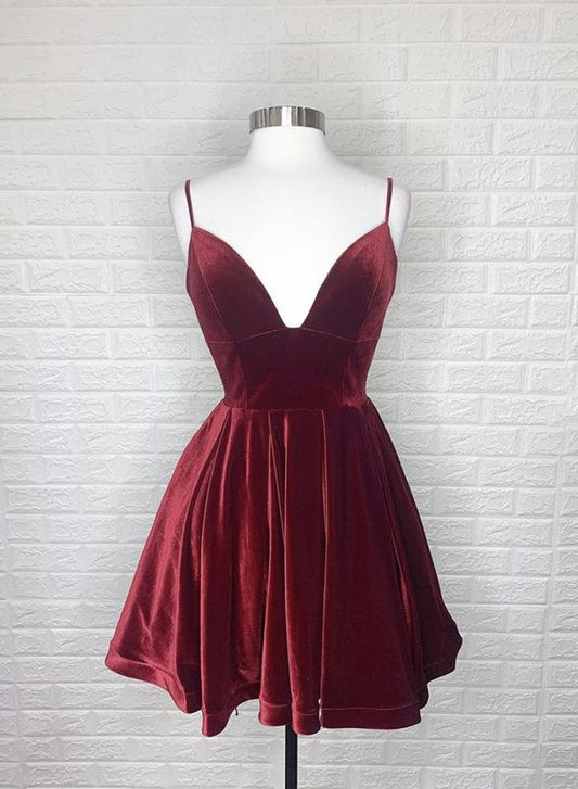 Burgundy velvet short homecoming dress party dress   cg12063