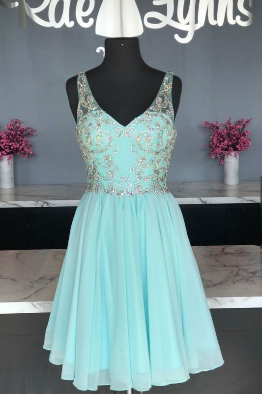 Green chiffon beads short dress green homecoming dress   cg12070