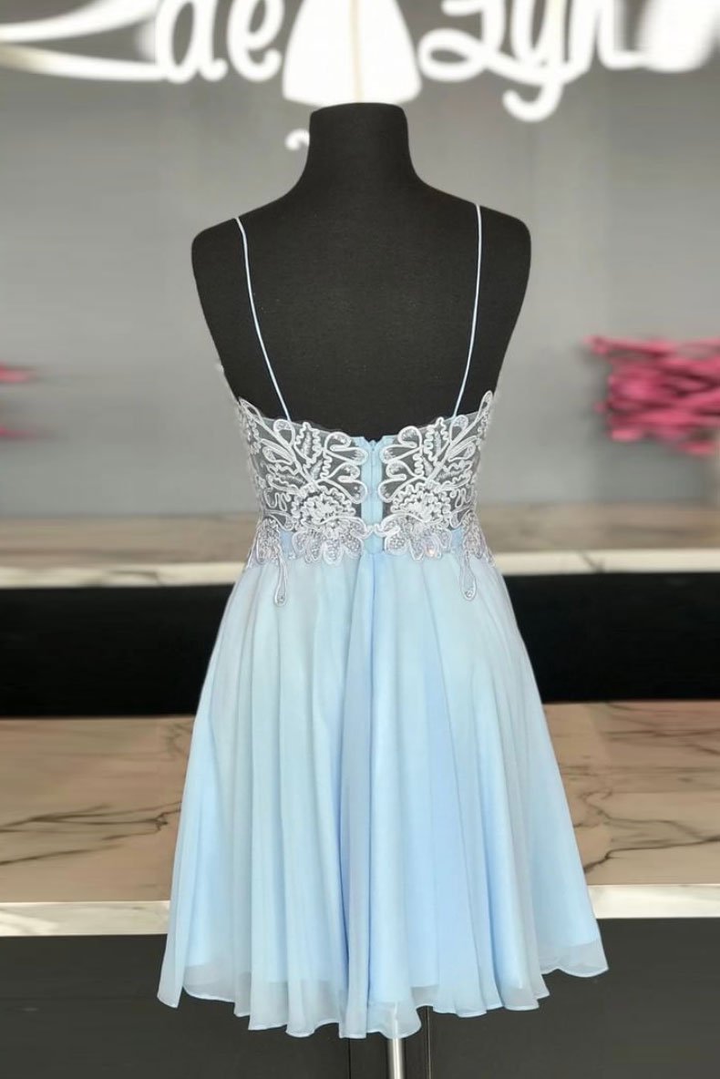 blue sweetheart chiffon lace short dress blue homecoming dress   cg12071