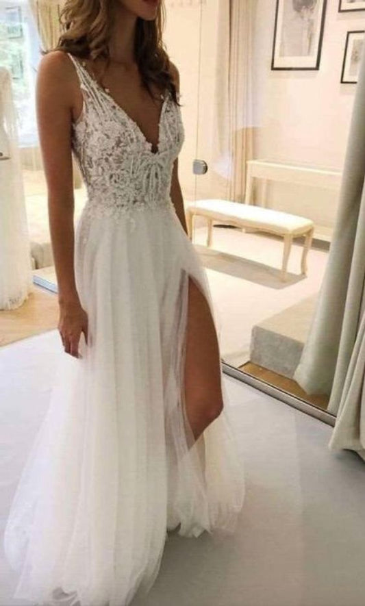 Beach wedding dress with straps Boho lace prom dress with a slit on the sides  cg12107