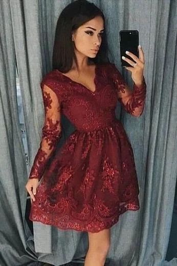 Burgundy Homecoming Dresses Long Sleeve Lace Dress   cg12110