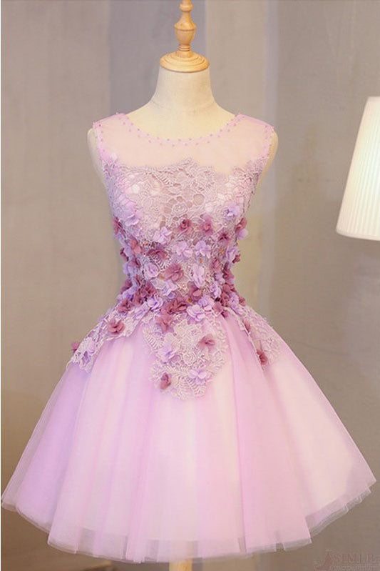 A Line Short Tulle With Appliques, Cute Sleeveless homecoming Dress With Flowers, Appliqued Graduation Dress    cg12117